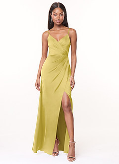 Azazie Maci Bridesmaid Dresses Canary A-Line V-Neck Pleated Stretch Satin Dress image1