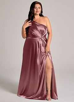 Azazie Brooke Bridesmaid Dresses Vintage Mauve A-Line One Shoulder Metallic Satin Dress image12