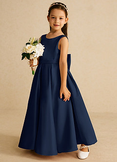 Azazie Pipsy Robe Demoiselle D'honneur Fillette Robe Trapèze en Mat Satiné Arc Bleu Marine Foncé image2