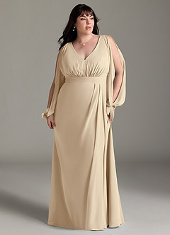 Azazie Matilda Bridesmaid Dresses Champagne A-Line Long Sleeve Chiffon Dress image13