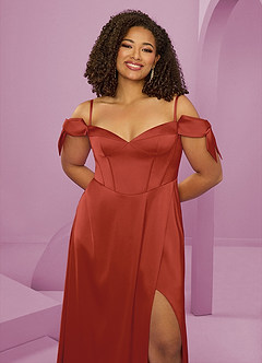 Barbie ♥ Azazie Bridesmaid Dresses Rust A-Line Off the Shoulder Stretch Satin Dress image13