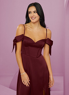 Barbie ♥ Azazie Bridesmaid Dresses Cabernet A-Line Off the Shoulder Stretch Satin Dress image5
