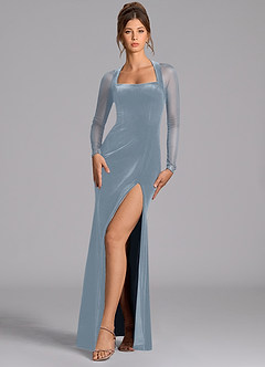 Azazie Megan Bridesmaid Dresses Dusty Blue Mermaid Long Sleeve Mesh Dress image3