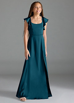Azazie Bondi Junior Ink Blue A-Line Side Slit Stretch Satin Dress image3