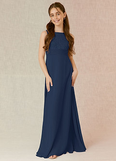 Azazie Snow Junior Dark Navy A-Line Lace Chiffon Dress image4