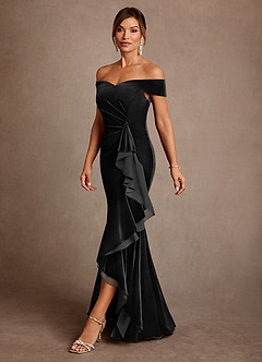 Azazie Billings 신부의 어머니 드레스 인어 오프 더 숄더 벨벳 비대칭 드레스 image2