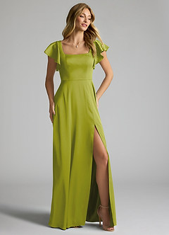 Azazie Bondi Bridesmaid Dresses Lemongrass A-Line Bow Stretch Satin Dress image2