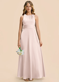Azazie Christina Junior Vestido Rosa Rubor de Satén Elástico de Corte en A con Drapeado image3