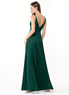Azazie Dalilah Final Sale Emerald A-Line V-Neck Pleated Stretch Satin Dress image2