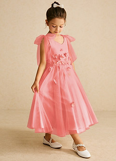 Azazie Minia Flower Girl Dresses Coral A-Line Bow Matte Satin Dress image3