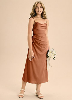 Azazie Mai Junior Copper Sheath Pleated Stretch Satin Dress image5