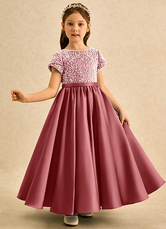 Azazie Cashew Flower Girl Dresses Antique Rose Ball-Gown with Sleeves Matte Satin Dress image4