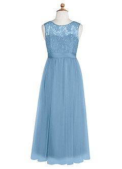 Azazie Georgette Junior Vestido de Azul Acero de Tul de Corte En A con Encaje image15