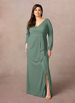 Azazie Risa Mother of the Bride Dresses Eucalyptus Mermaid V-Neck Pleated Mesh Dress image6