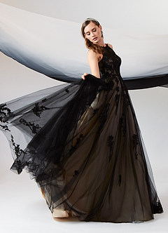 Azazie Melrose Wedding Dresses Black Champagne A-Line Sweetheart Lace Tulle Dress image5