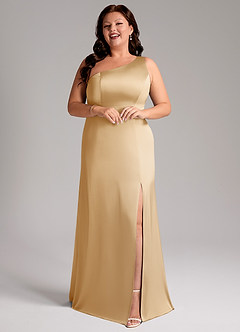 Azazie Phaedra Bridesmaid Dresses Gold A-Line One Shoulder Stretch Satin Dress image13