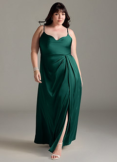 Azazie Brielle Robes de demoiselle d'honneur Robe Trapèze en Satin extensible Bretelles spaghetti émeraude image8