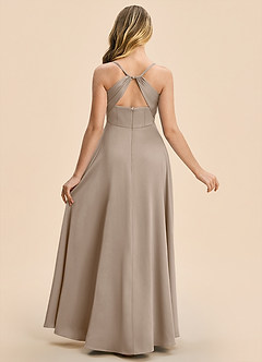Azazie Gia Junior Taupe A-Line Pleated Stretch Satin Dress image2