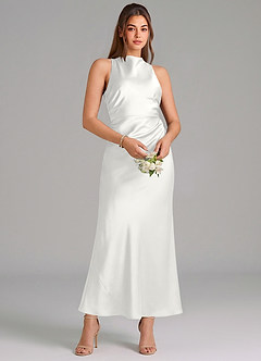 Azazie Evadne Robes de demoiselle d'honneur Robe Fourreau en Satin extensible Plissée Blanc image3