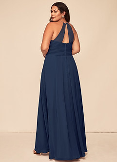 Azazie Ginger Vestidos de damas de honor Vestido de Azul Marino Oscuro de Gasa de Corte en A con Halter Plisado image11