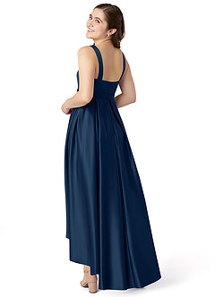 Azazie Inaya Junior Dark Navy A-Line with Belt Stretch Satin Dress image4