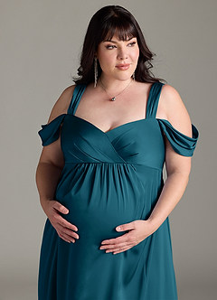 Azazie Rhea vestidos de dama de honor de maternidad Vestido de Corte En A Off The Shoulder Plisado Hasta el suelo Satén Elástico image12