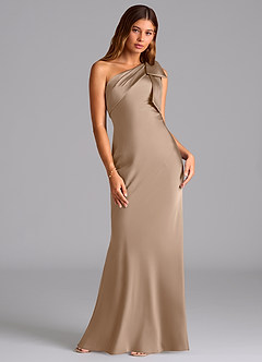 Azazie Yuanna Bridesmaid Dresses Taupe Mermaid One Shoulder Stretch Satin Dress image3
