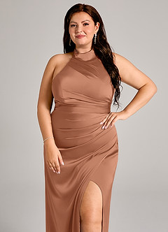 Azazie Jemma Bridesmaid Dresses Bronzer Sheath Pleated Stretch Satin Dress image8