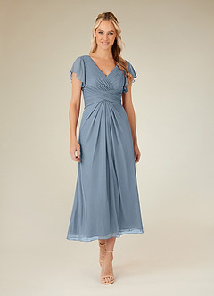 Azazie Vera Mother of the Bride Dresses Dusty Blue A-Line V-Neck Pleated Mesh Dress image1