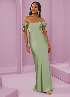 Barbie ♥ Azazie Jurken voor bruidsmeisjes Converteerbaar Jurk van Stretch Satijn met Kolom Off the Shoulder Stoffige Salie image4