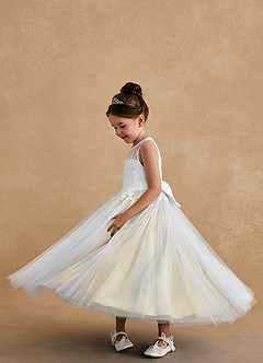 Azazie Bitsy Flower Girl Dresses Ivory Champagne A-Line Lace Tulle Dress image3