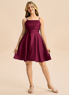 Azazie Miko Junior A-Linie Plissee Stretch-Satin Kleid Burgunderrot image5