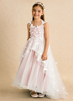Azazie Darlina Robe Demoiselle D'honneur Fillette Robe Princesse en Tulle Dentelle Ivoire Rose Rougissant image6
