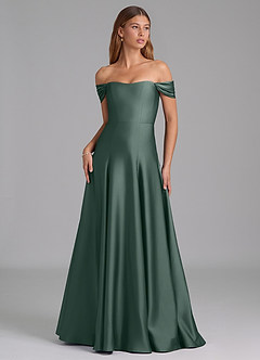 Azazie Seriana Morsiusneito Mekot A-linja Olkapään ulkopuolella Joustava satiini Lattian pituus Pukeutua image1