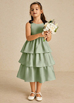 Azazie Margery Flower Girl Dresses Dusty Sage A-Line Bow Stretch Satin Dress image2