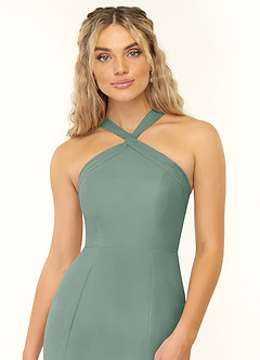 Azazie Rue Vestidos de damas de honor Vestido Salvia Plateada de Gasa de Línea A con Halter image6
