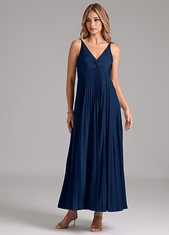Azazie Raychelle Vestidos de damas de honor Vestido de Azul Marino Oscuro de Satén Elástico de Corte en A con Plisado image1