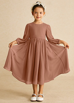 Azazie Lolo Abiti da Ragazza di Fiori Abito A-Line in Chiffon Con Maniche Bronzo image3