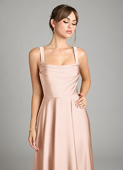 Azazie Shaude Bridesmaid Dresses Rose Gold A-Line Pleated Stretch Satin Dress image9