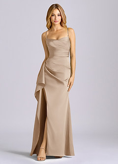 Azazie Sarai Bridesmaid Dresses Taupe Sheath Corset Stretch Satin Dress image3