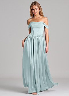 Azazie Raisa 신부 들러리 드레스 A라인 오프 더 숄더 스트레치 새틴 바닥 길이 드레스 image3