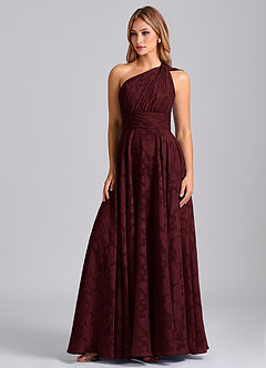 Azazie Charlize Bridesmaid Dresses Cabernet A-Line One Shoulder Floral Burnout Dress image1