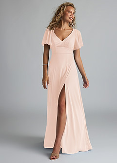 Azazie Induh Bridesmaid Dresses Blushing Pink A-Line Flutter V-neck Mesh Dress image1