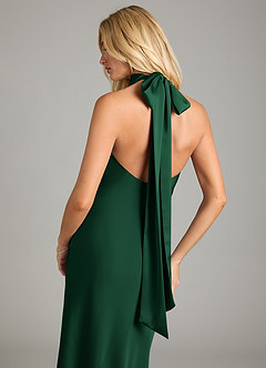 Azazie Velli Vestidos de damas de honor Vestido de Verde Oscuro de Satén Elástico de Corte Sirena con Cuello Alto image2