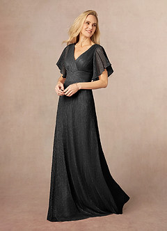 Azazie Kathryn Mother of the Bride Dresses Black A-Line V-Neck Flutter Sleeve Metallic Mesh Dress image2