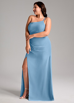 Azazie Eren Bridesmaid Dresses Steel Blue Sheath One Shoulder Chiffon Dress image11