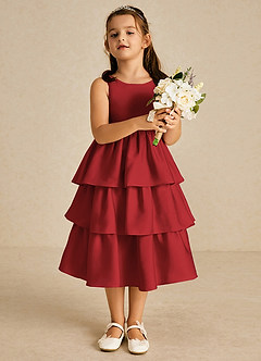 Azazie Margery Blumenmädchenkleider A-Linie Schleifen Stretch-Satin Kleid Granatapfelrot image2