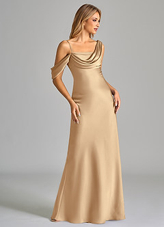 Azazie Celina Jurken voor bruidsmeisjes Jurk van Stretch Satijn met Kolom Off the Shoulder Champagne image5