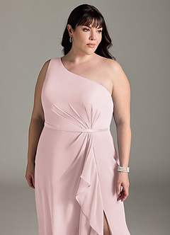 Azazie Liza Bridesmaid Dresses Blushing Pink Mermaid One Shoulder Chiffon Dress image10