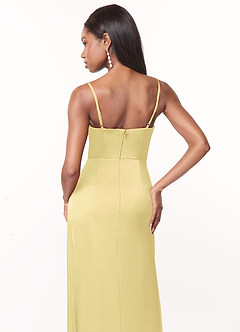 Azazie Maci Bridesmaid Dresses Lemon Sorbet A-Line V-Neck Pleated Stretch Satin Dress image4